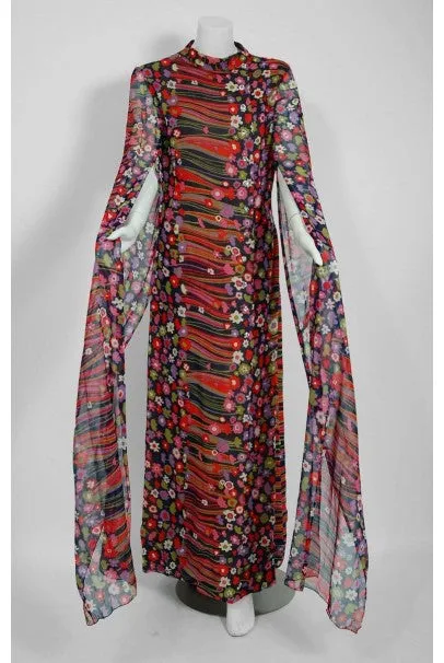 1960's Pauline Trigere Abstract Floral Cotton Kimono Angel-Sleeve Maxi Dress