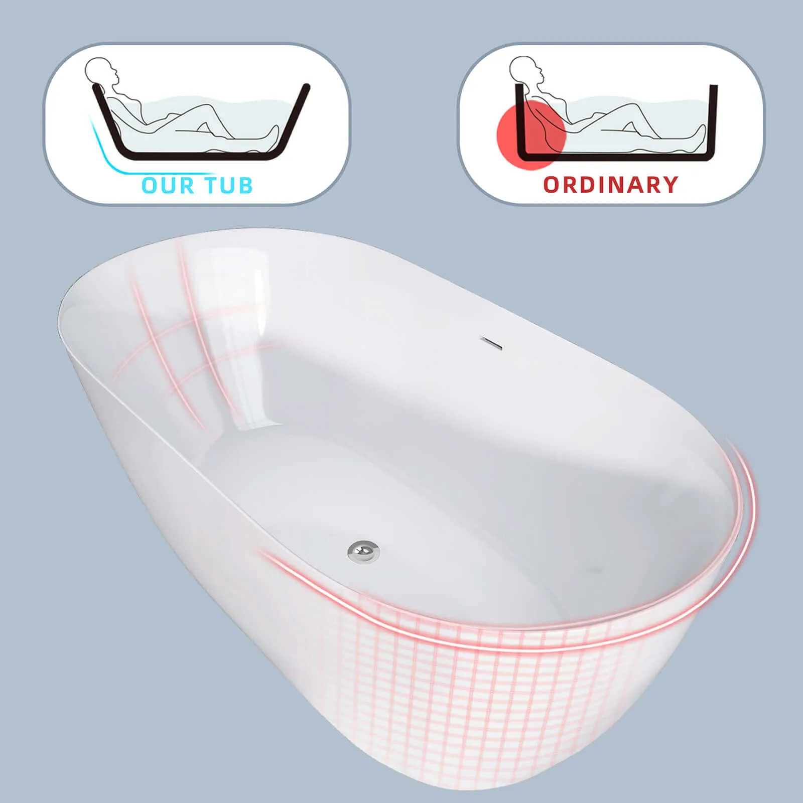 59" Anti-Clog Classic Oval Acrylic Bathtub