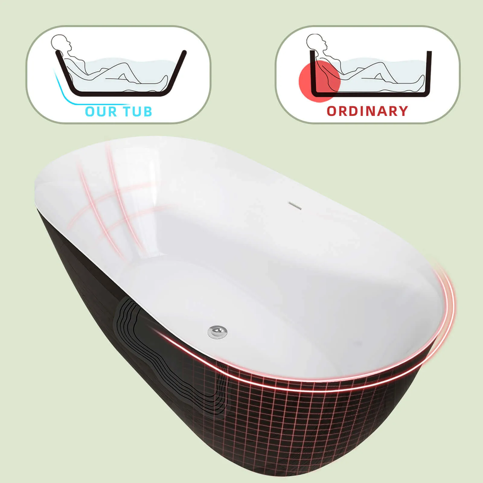 59" Anti-Clog Classic Oval Acrylic Bathtub