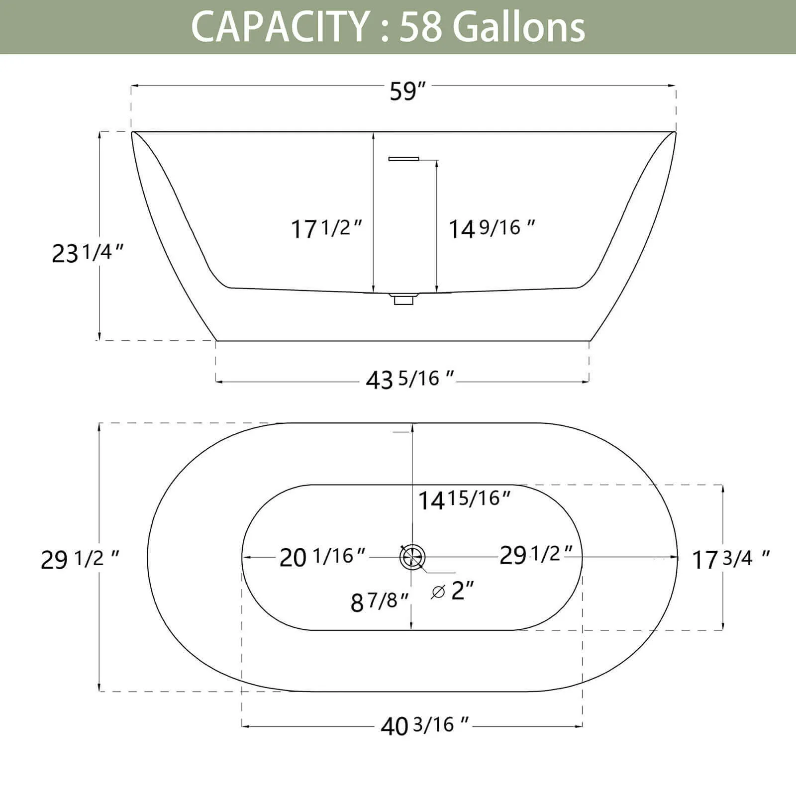 59" Anti-Clog Classic Oval Acrylic Bathtub