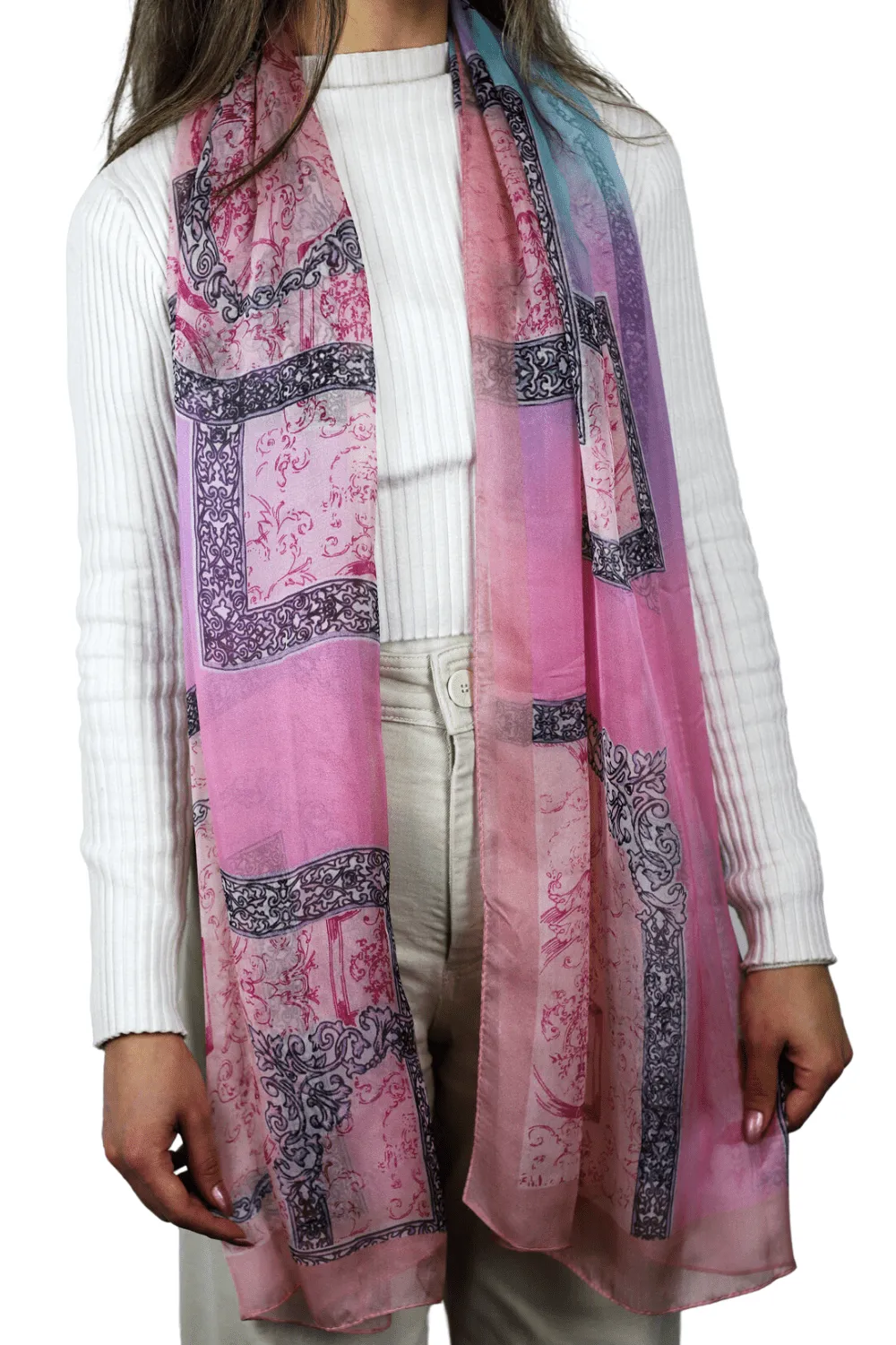 Abstract Print 100% Silk Scarf - Pink