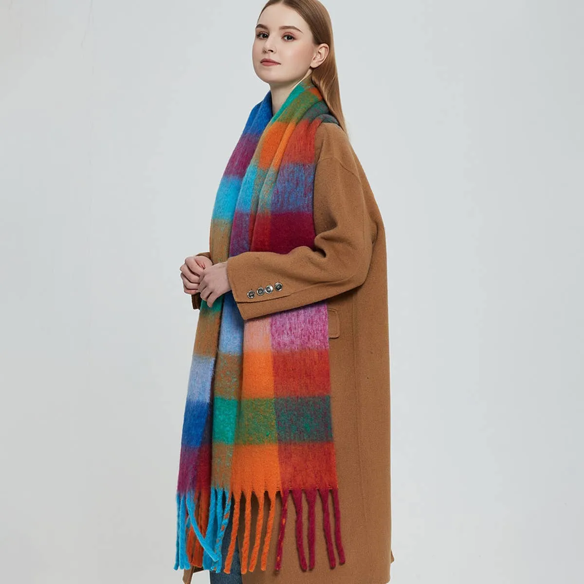 ACCITY | PLAID PATTERN FRINGE TRIM WINTER SCARF: BLUE/WHITE