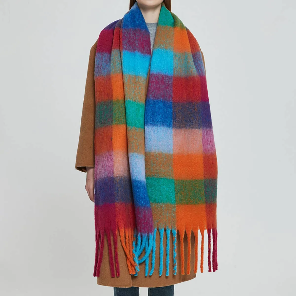 ACCITY | PLAID PATTERN FRINGE TRIM WINTER SCARF: BLUE/WHITE