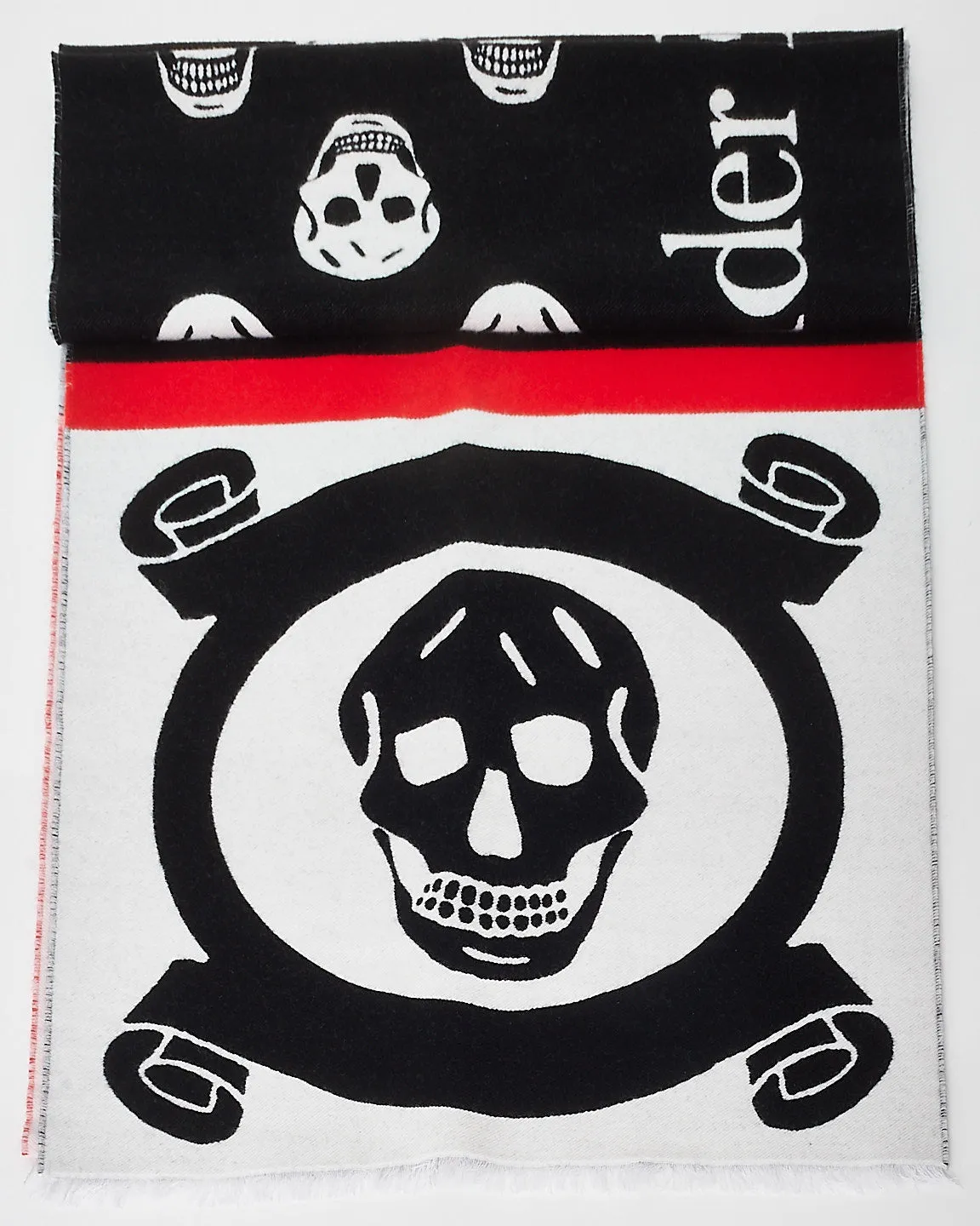 Alexander McQueen Black, White & Red Skull Knit Logo Scarf