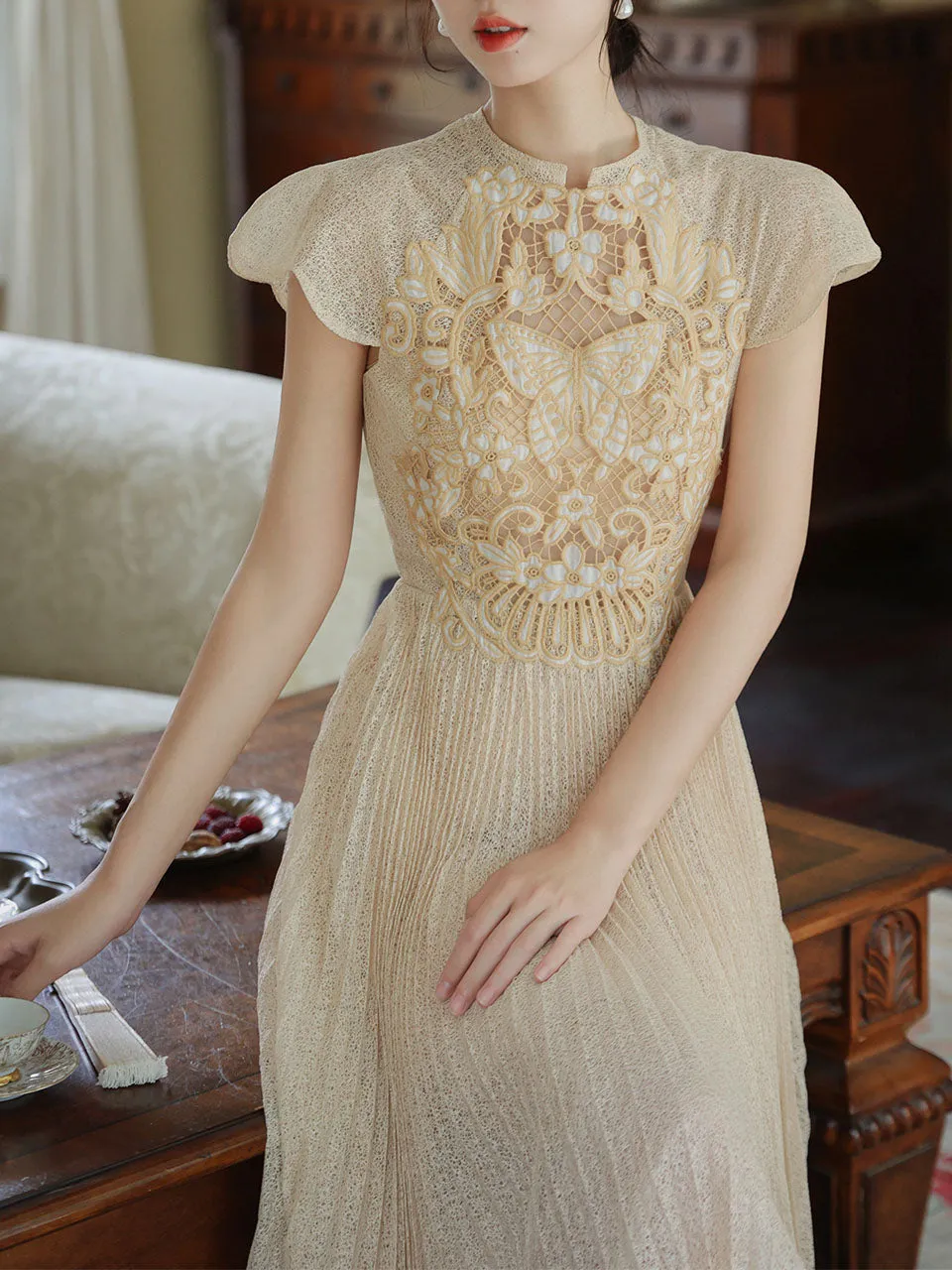 Apricot Embroidered Butterfly Hollow Short Sleeve Lace Dress