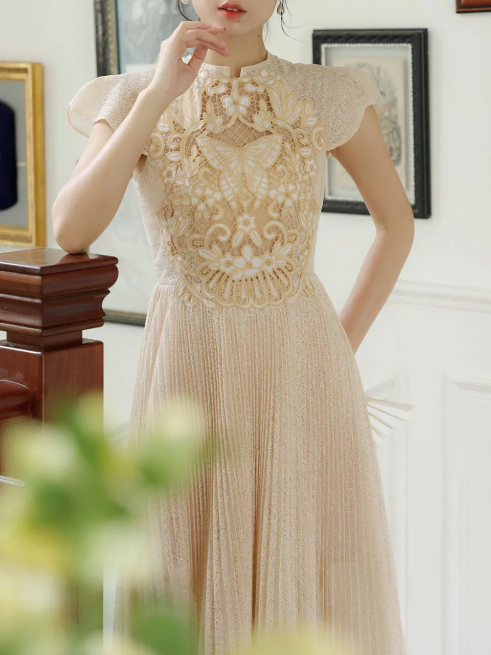 Apricot Embroidered Butterfly Hollow Short Sleeve Lace Dress