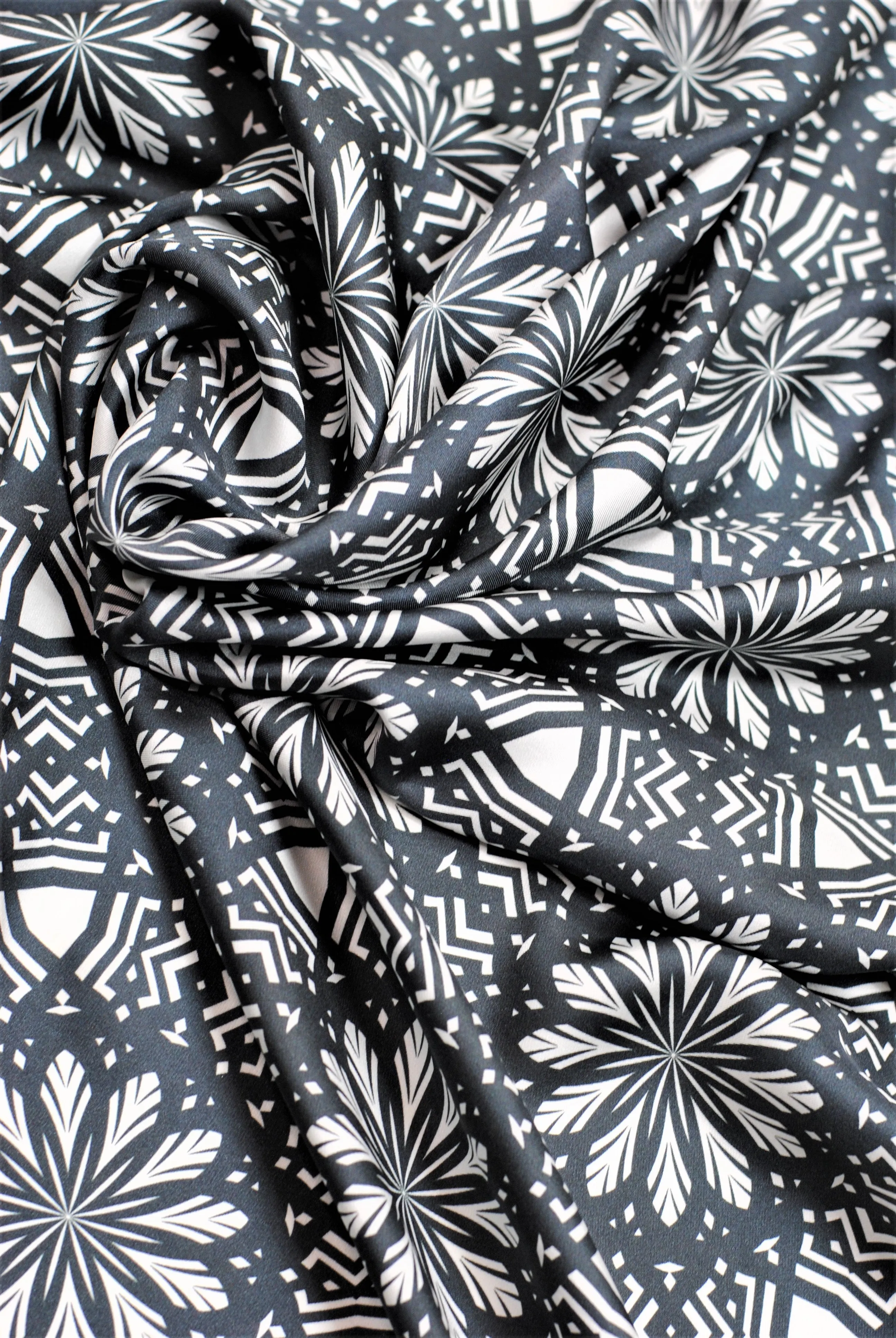 ASTER Mandala Designer 100% Silk Scarf in Black White