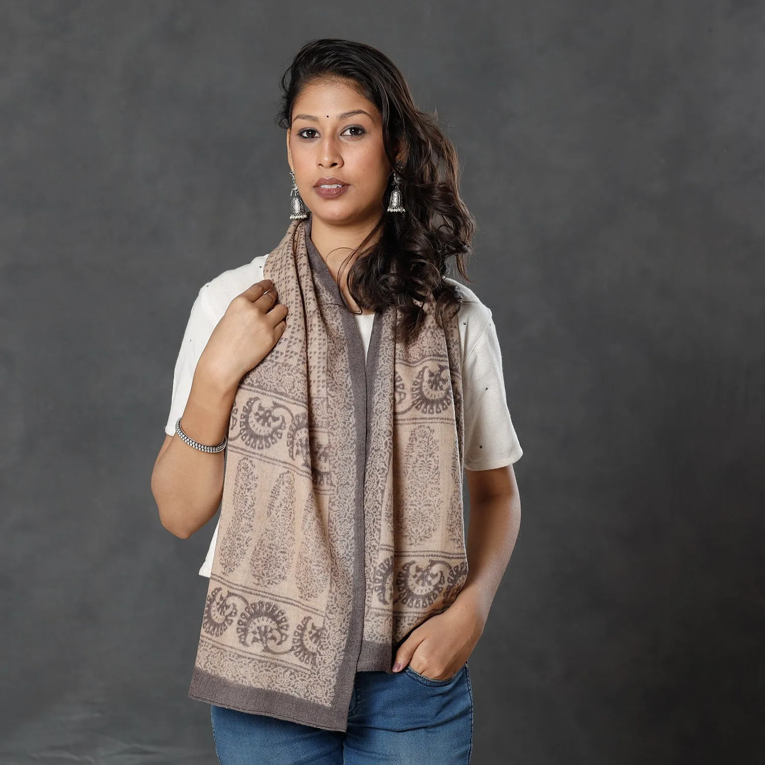 Beige - Bagh Block Printed Natural Dyed Woolen Muffler (61 in)