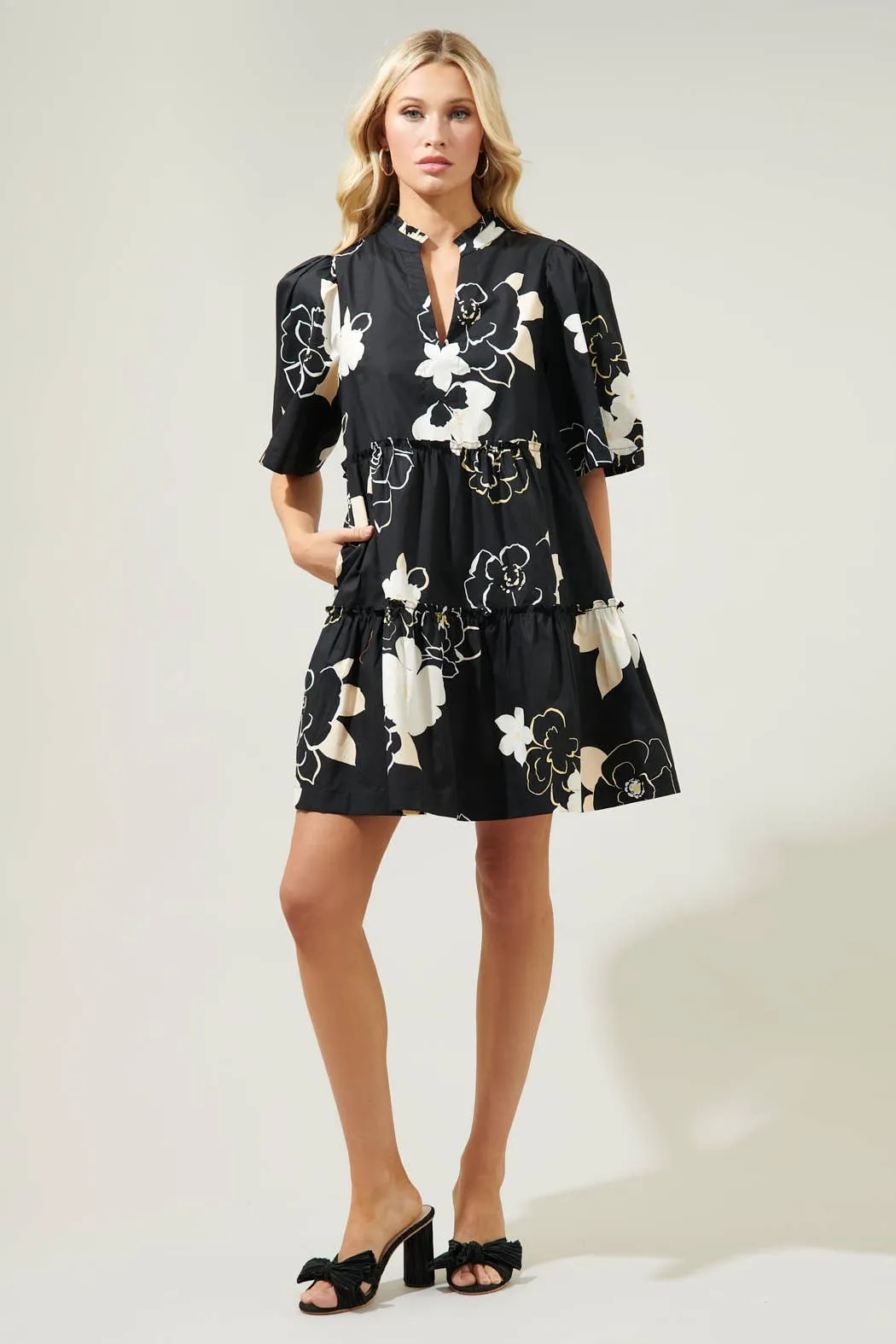 BLACK CAIRAN ROSE TOMALES SPLIT NECK SHIFT DRESS