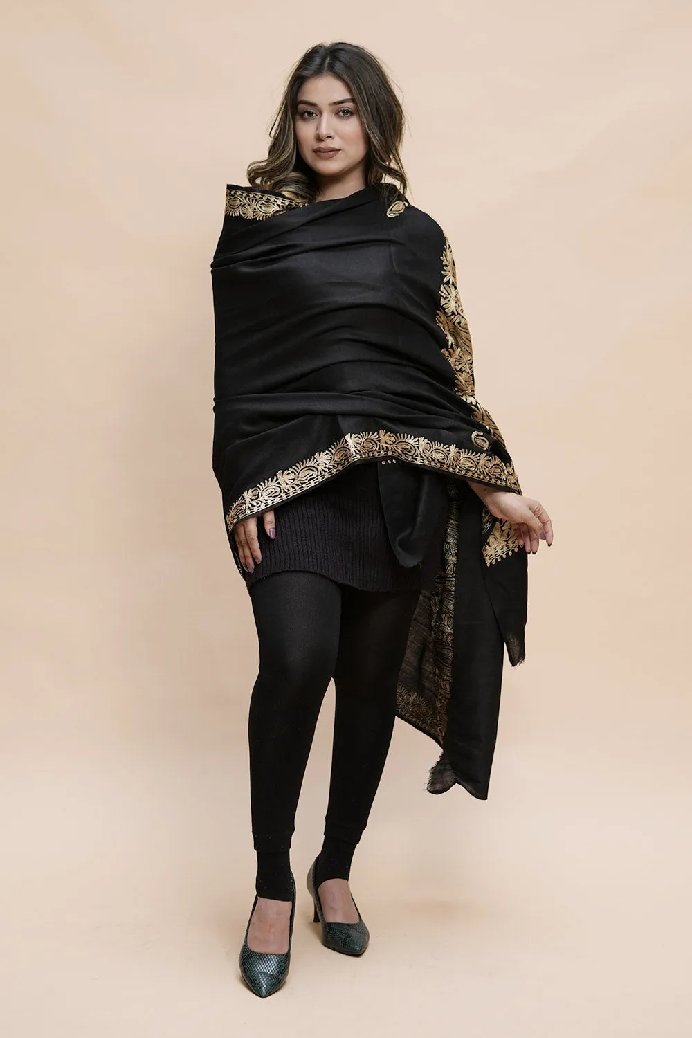 Black  Colour Semi Pashmina Shawl Enriched With Ethnic Heavy Golden Tilla Embroidery With Running border