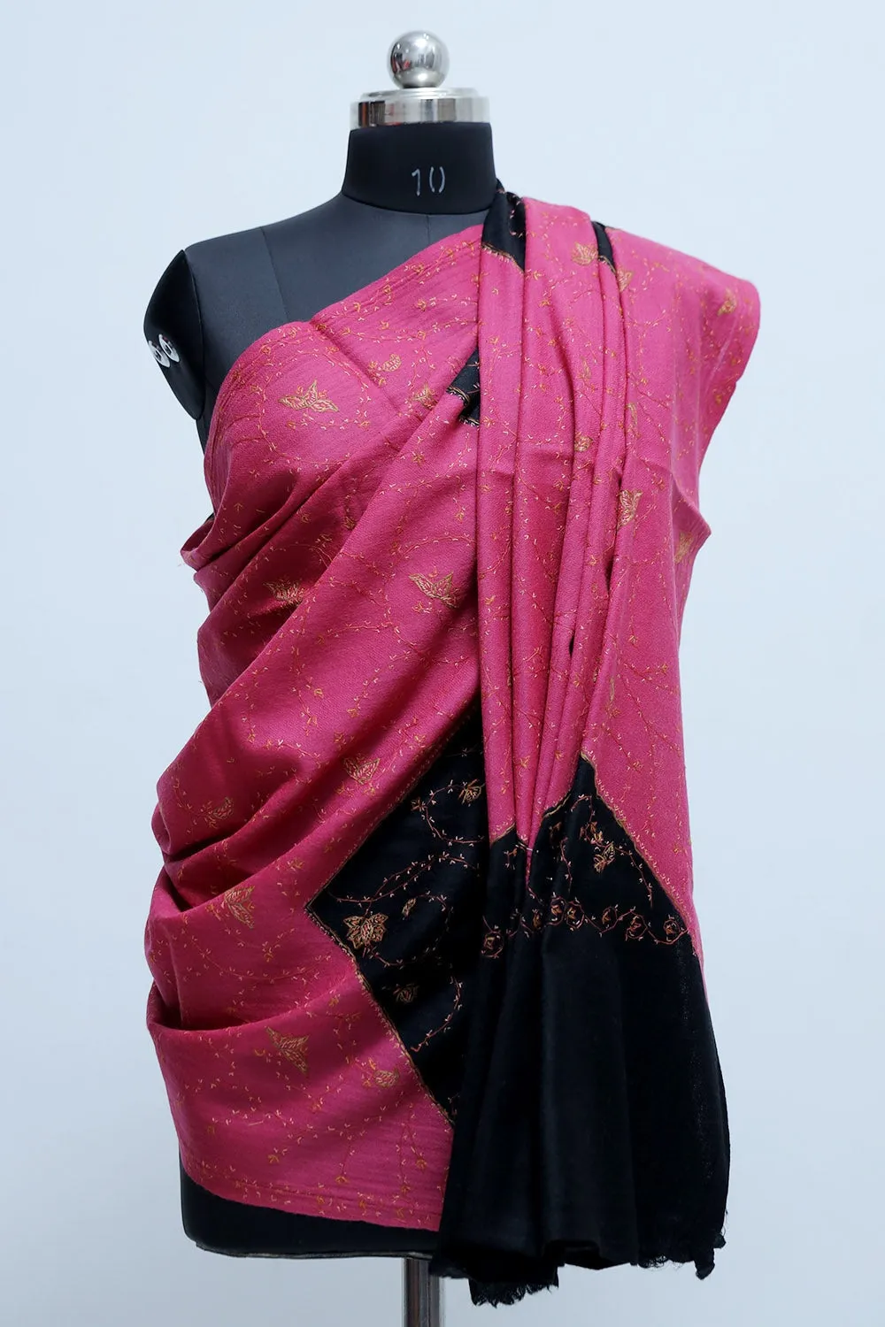 Black-Magenta Colour Kashmiri Sozni Work Shawl With Running Jaal Pattern