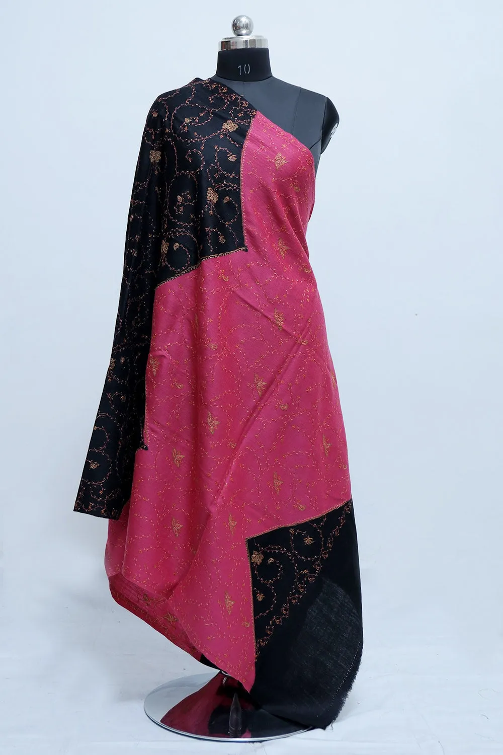 Black-Magenta Colour Kashmiri Sozni Work Shawl With Running Jaal Pattern