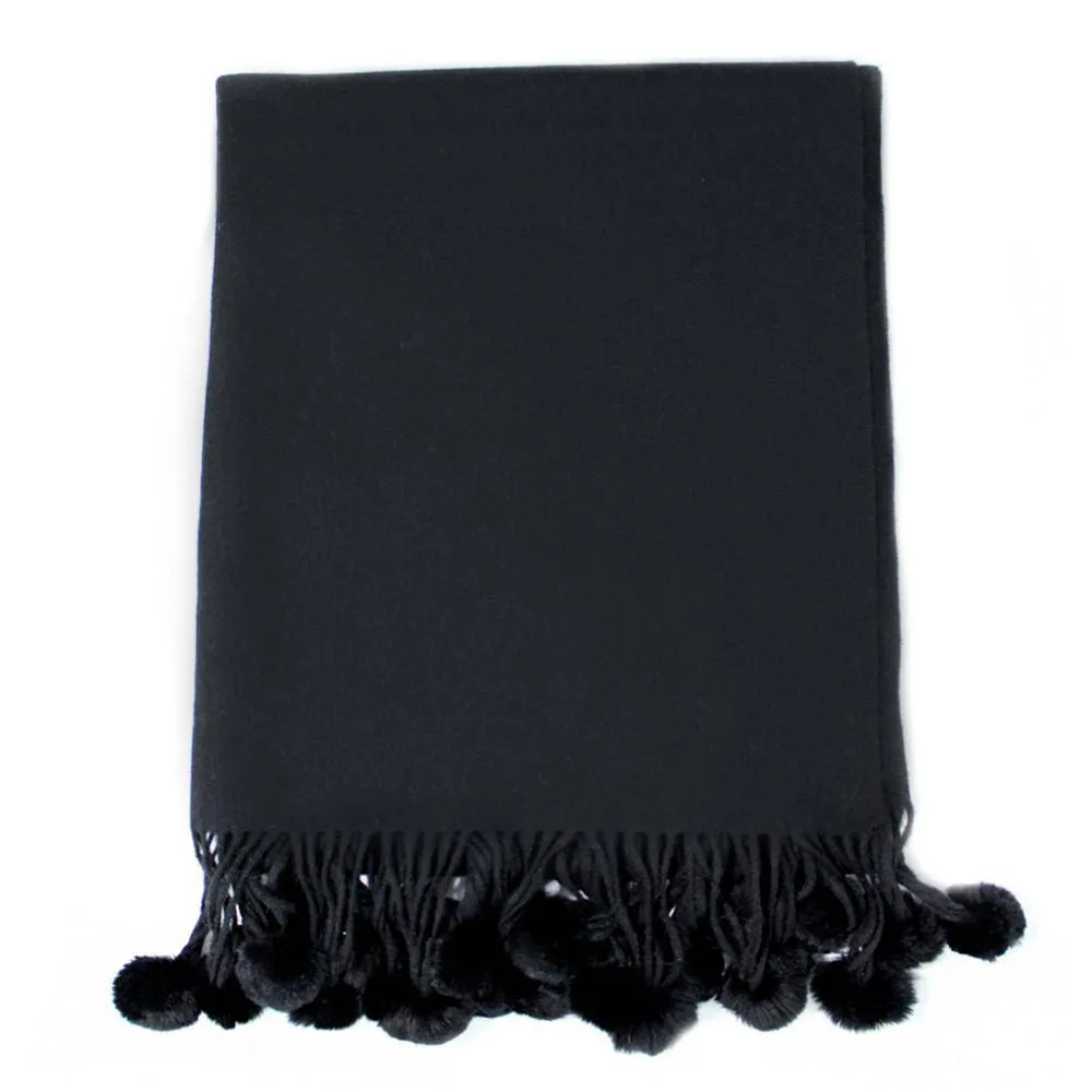 Black Wrap with Rabbit Fur Pom Poms