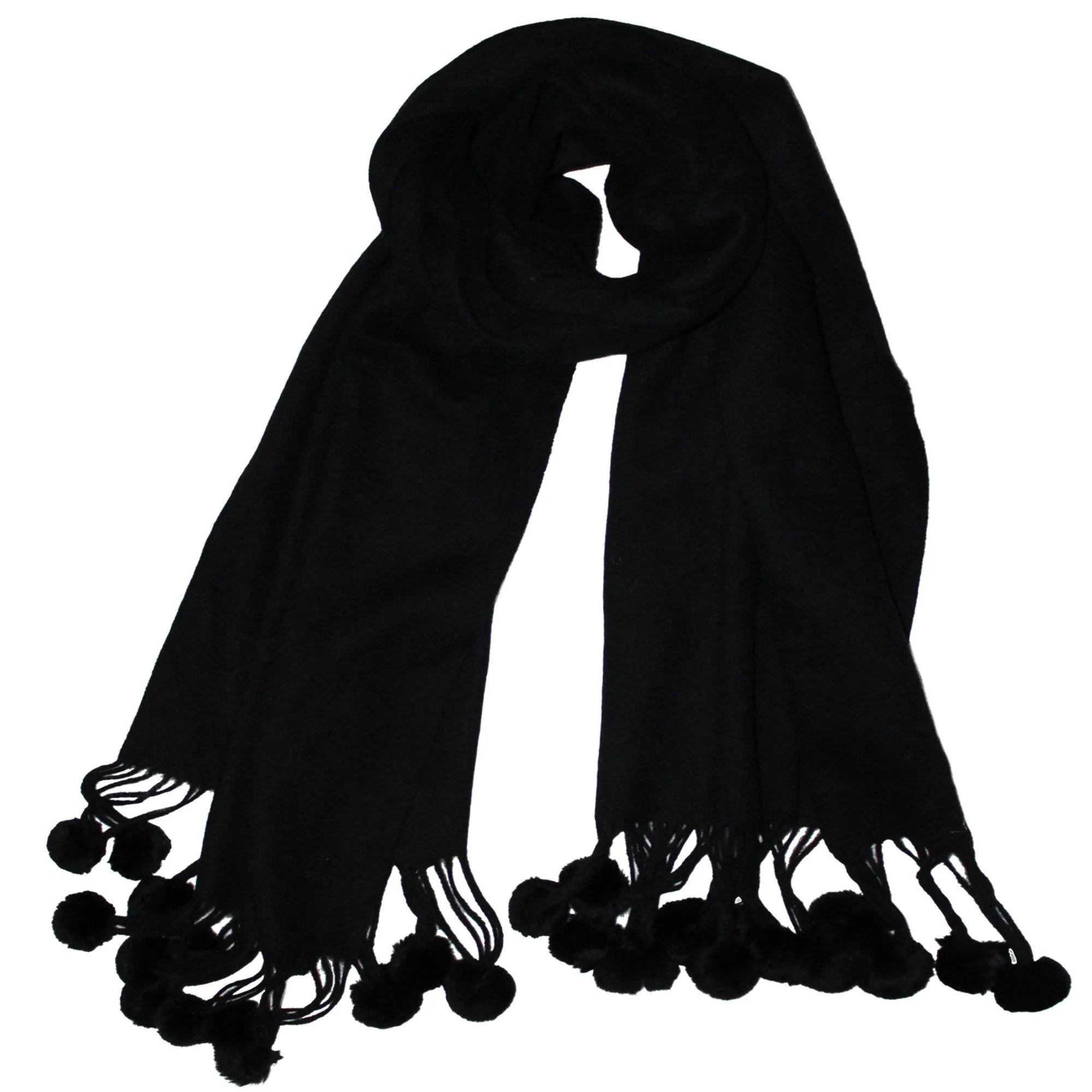 Black Wrap with Rabbit Fur Pom Poms