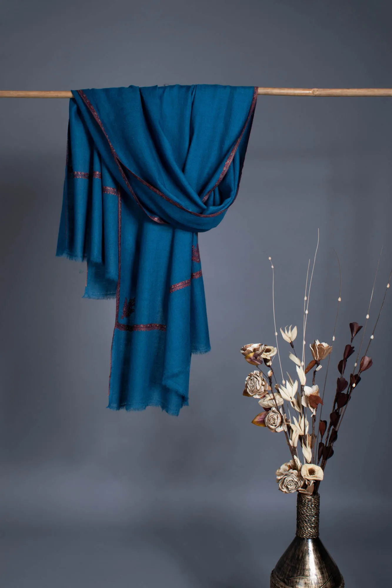 Classic Blue Artistic Pashmina Wrap With Sozni Embroidery - OZARK