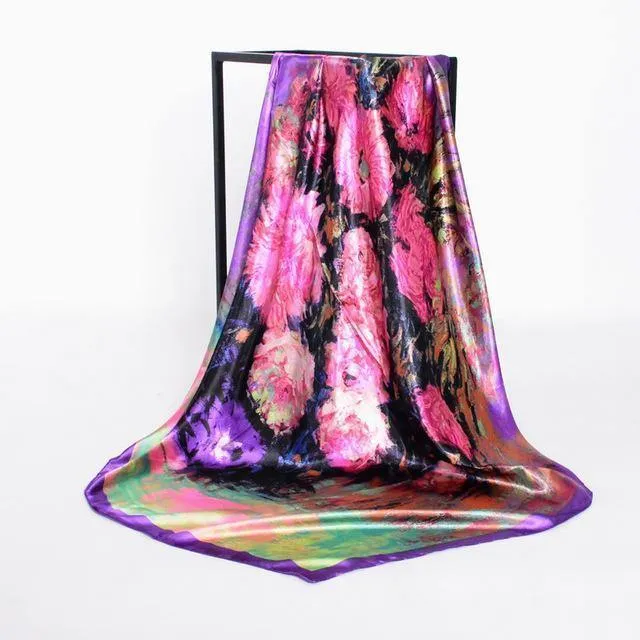 Elegent Women Large Square Silk Scarf Printed,90*90cm Fashion Spring And Autumn Grey And Purple Polyester Silk Scarf Shawl