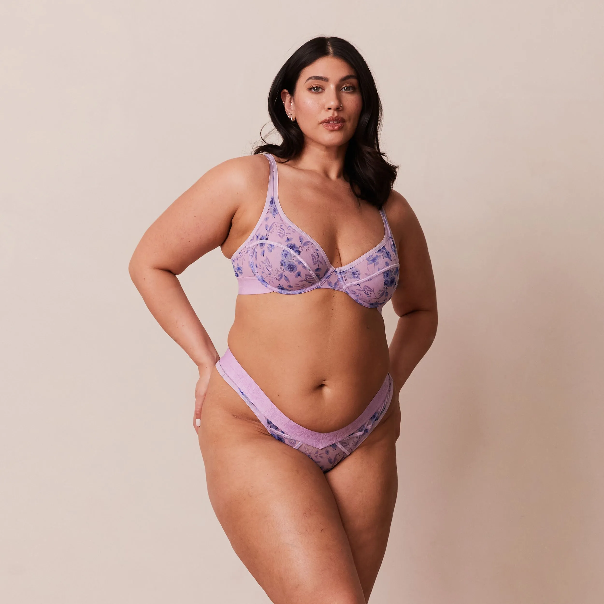 Floral Mesh Balcony Bra  - Lilac