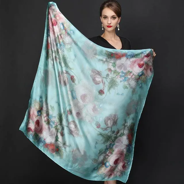 Genuine Natural Silk Scarf Shawl Floral Printed Shawl