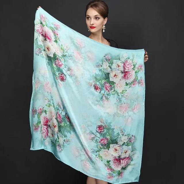 Genuine Natural Silk Scarf Shawl Floral Printed Shawl