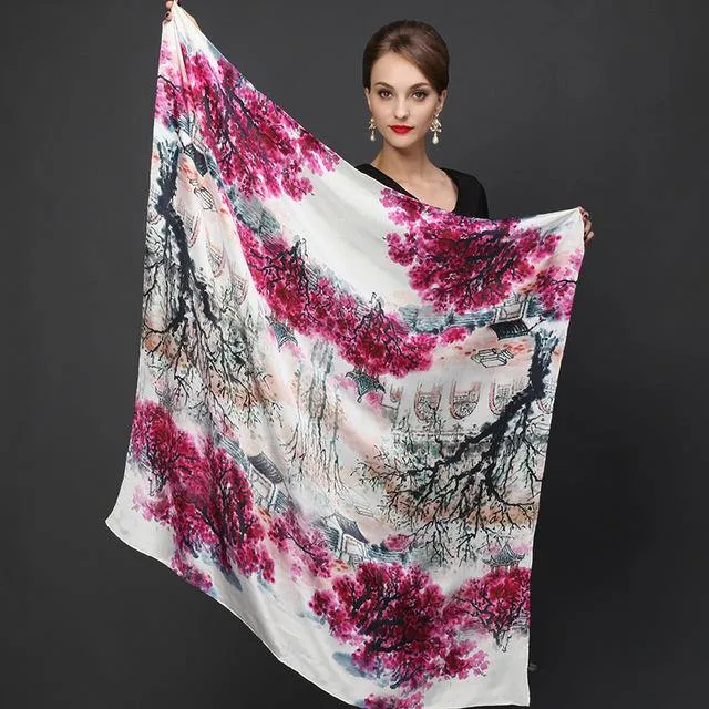 Genuine Natural Silk Scarf Shawl Floral Printed Shawl