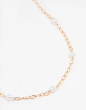 Gold Chain Pearl Station Necklace