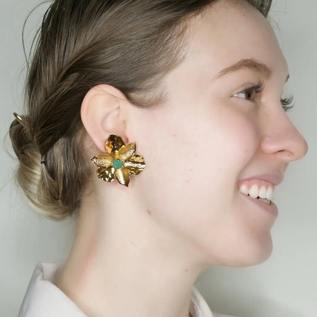 Golden Flower Post Earrings with Raw Colombian Emeralds