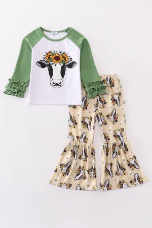 Green cow print girl set