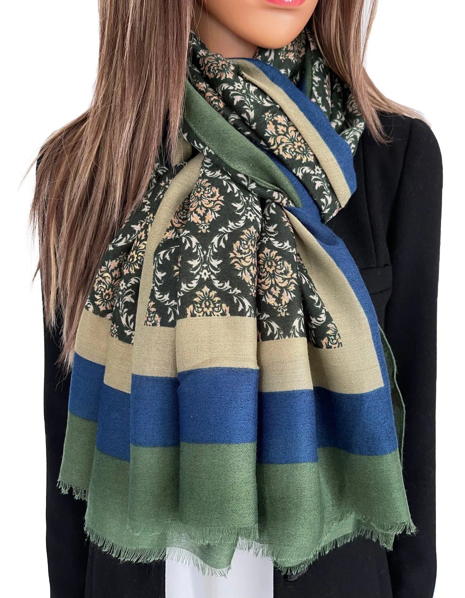 GREEN METALLIC PAISLEY PRINT PASHMINA SHAWL SCARF WITH STRIPES