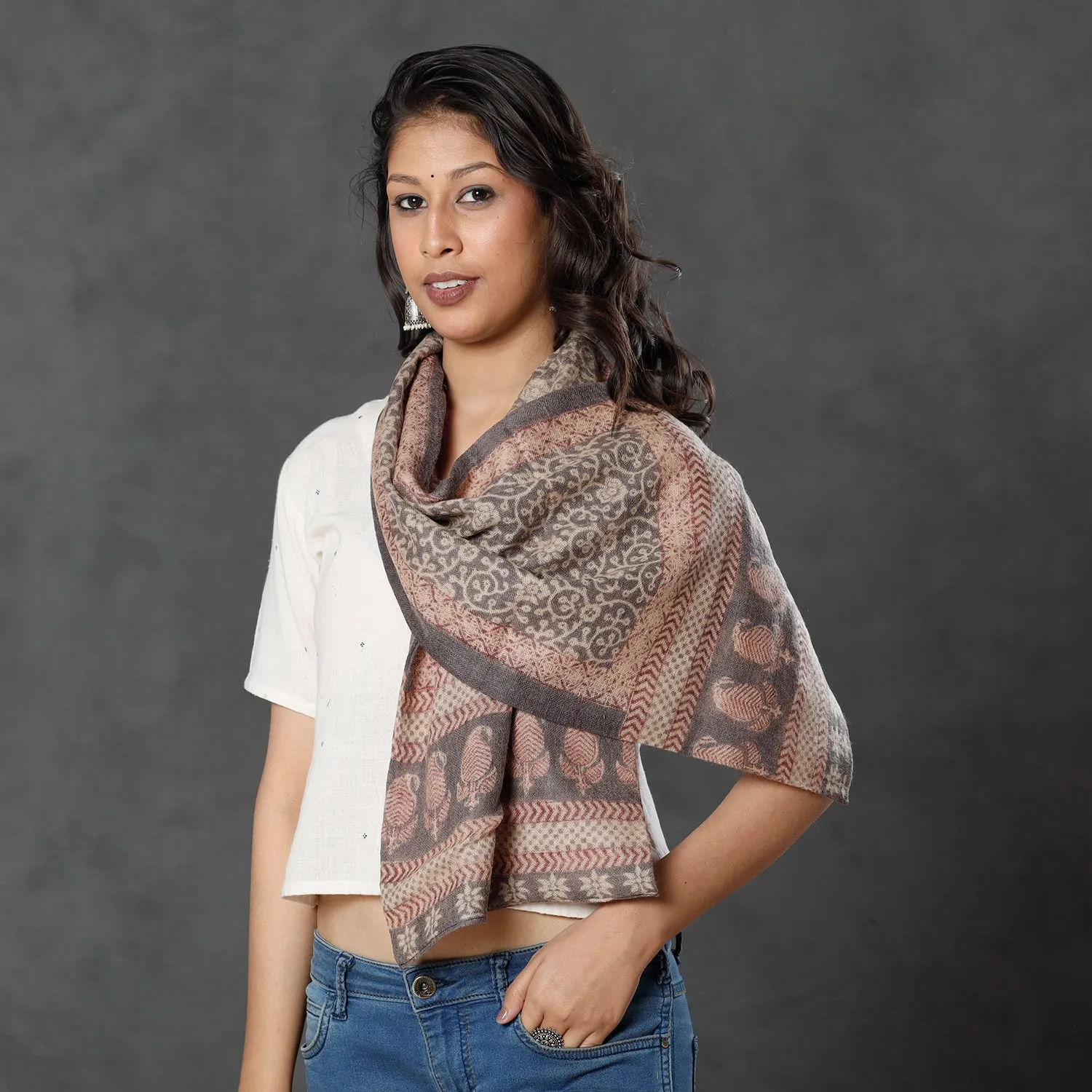 Grey - Bagh Block Printed Natural Dyed Woolen Muffler (61 in)