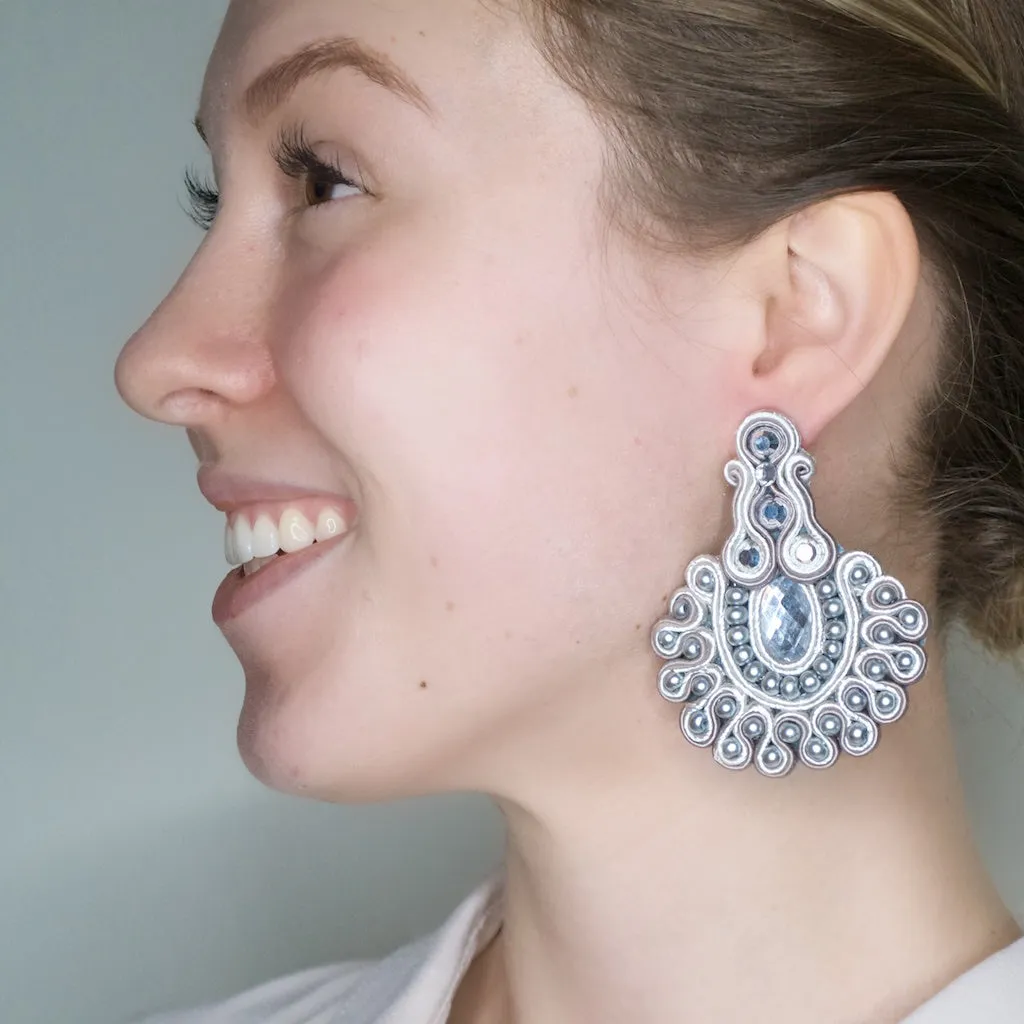 Grey Woven Ribbon and Crystal Post Earrings