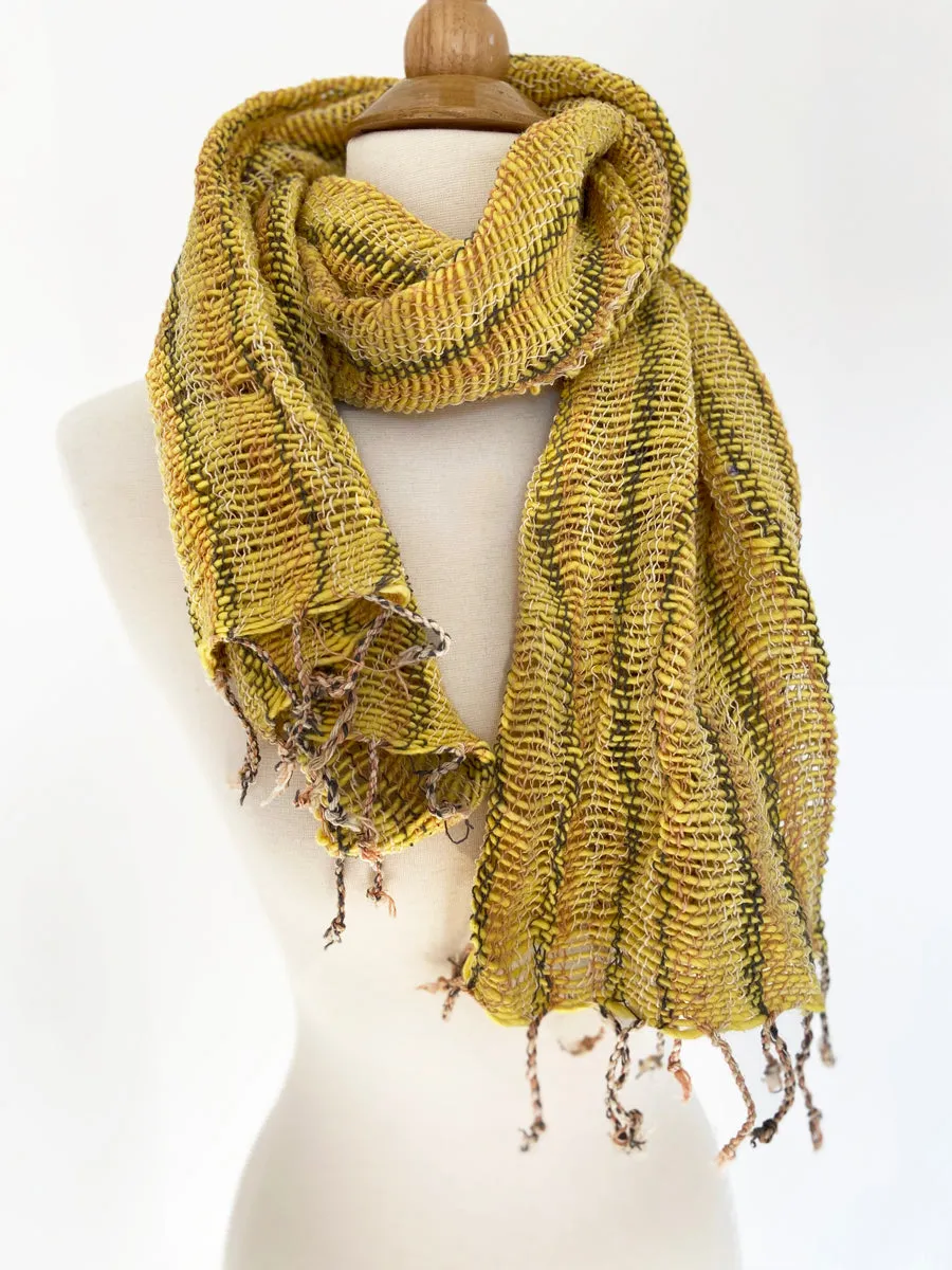 Handwoven Open Weave Cotton Scarf - Multi Yellow-Gray