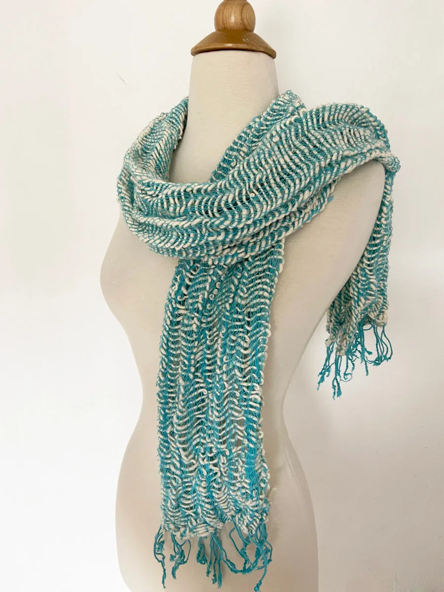 Handwoven Open Weave Cotton Scarf - Sky Blue-White