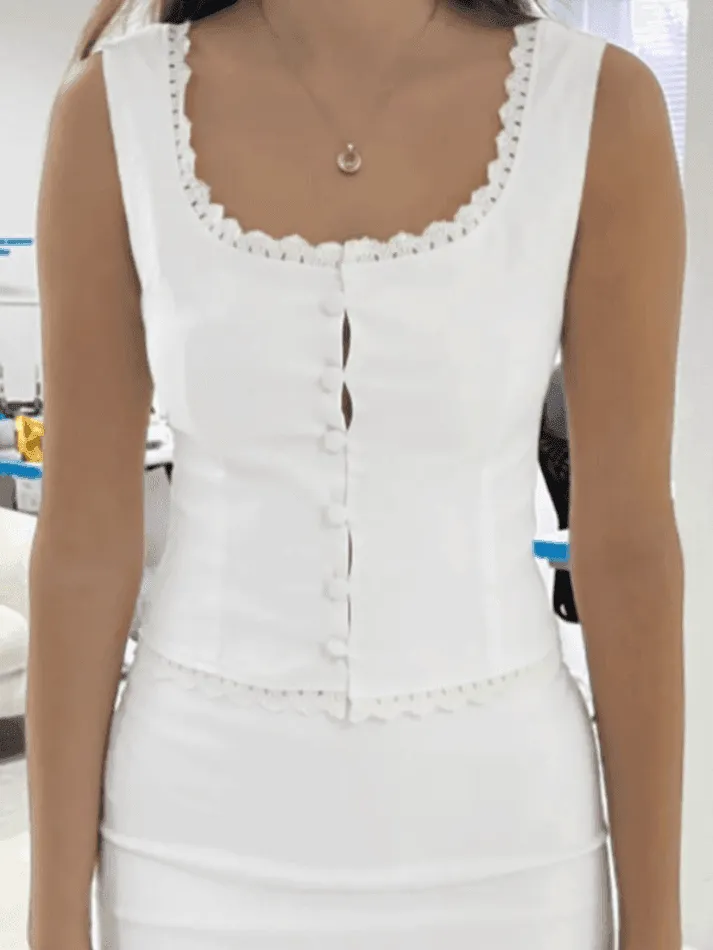 Lace Trim Button Front White Tank Top