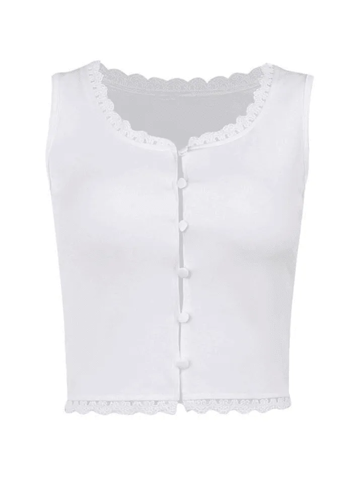 Lace Trim Button Front White Tank Top