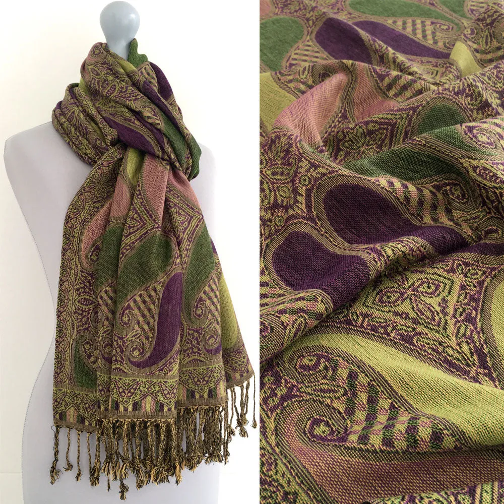 LARGE PURPLE GINGHAM PAISLEY PRINT REVERSIBLE PASHMINA SHAWL SCARF