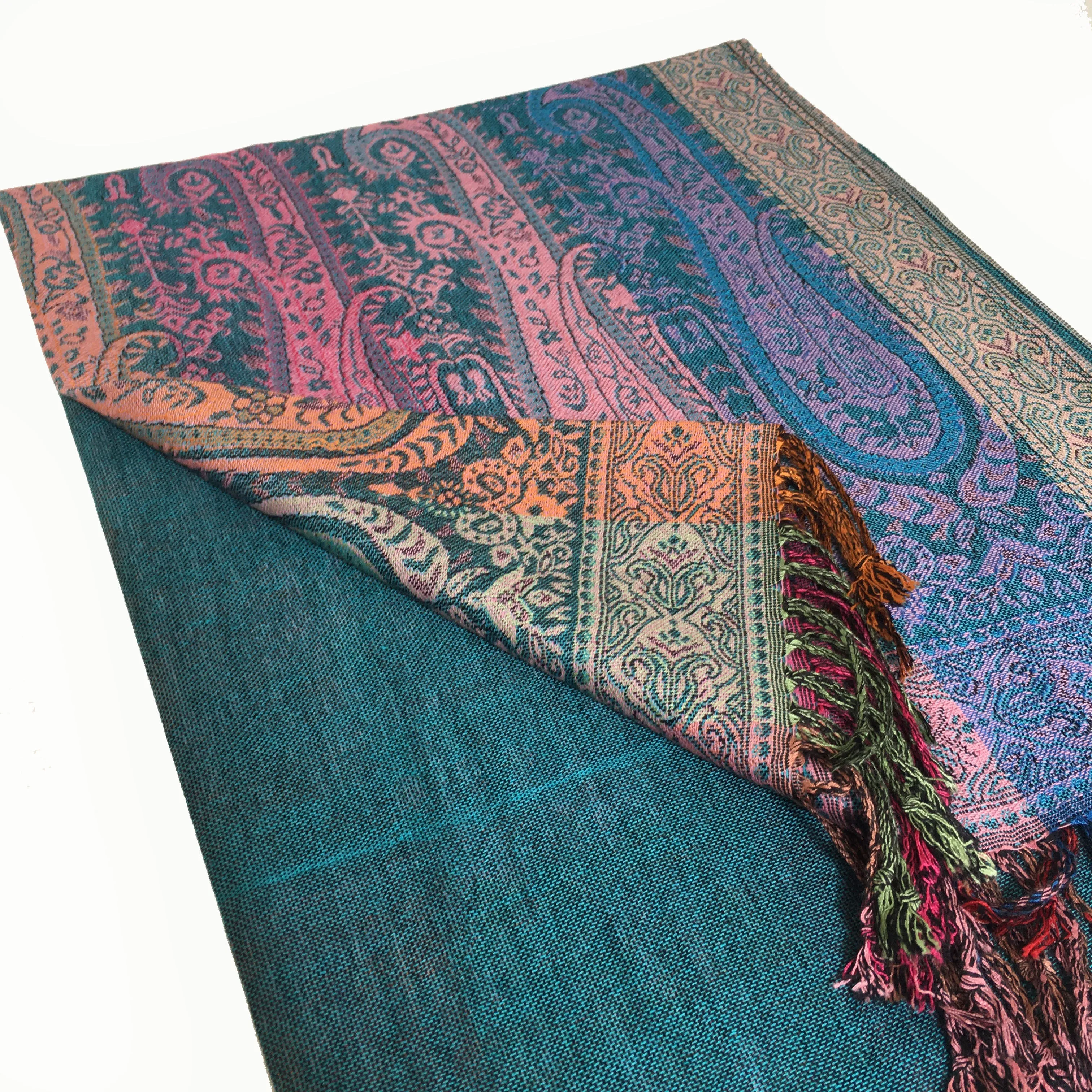 LARGE TEAL RAINBOW MULTI COLOUR PAISLEY PRINT PASHMINA SHAWL SCARF