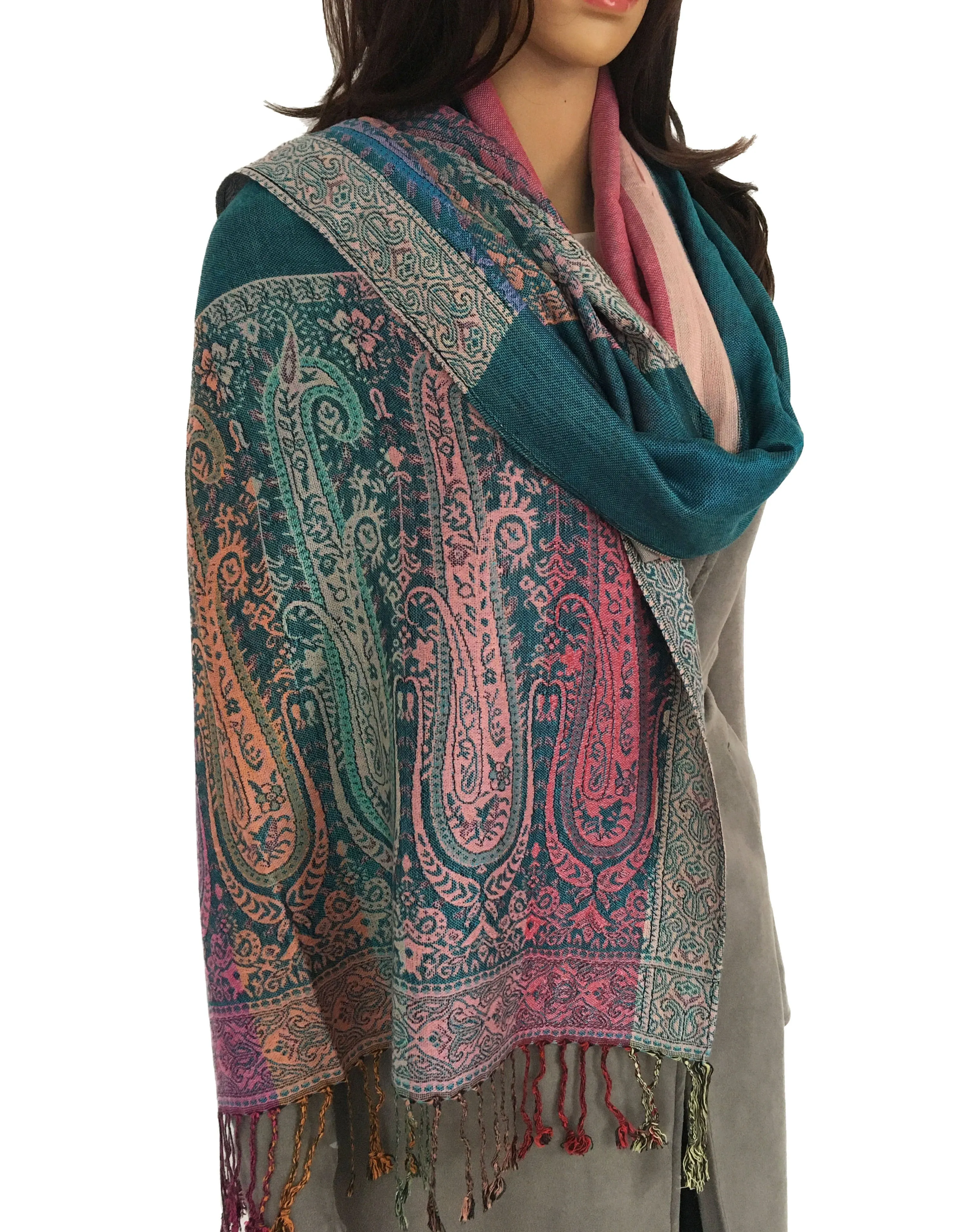 LARGE TEAL RAINBOW MULTI COLOUR PAISLEY PRINT PASHMINA SHAWL SCARF