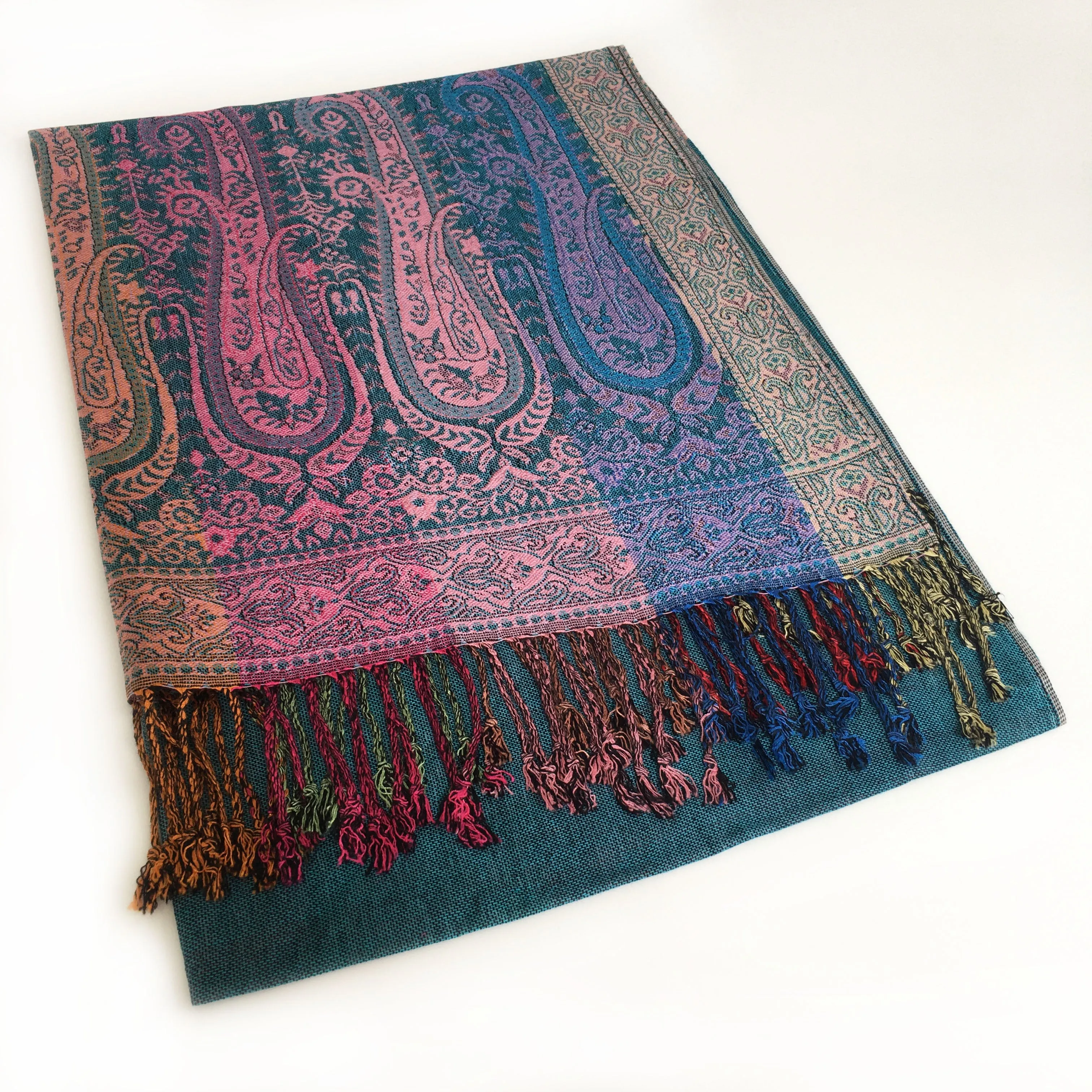 LARGE TEAL RAINBOW MULTI COLOUR PAISLEY PRINT PASHMINA SHAWL SCARF