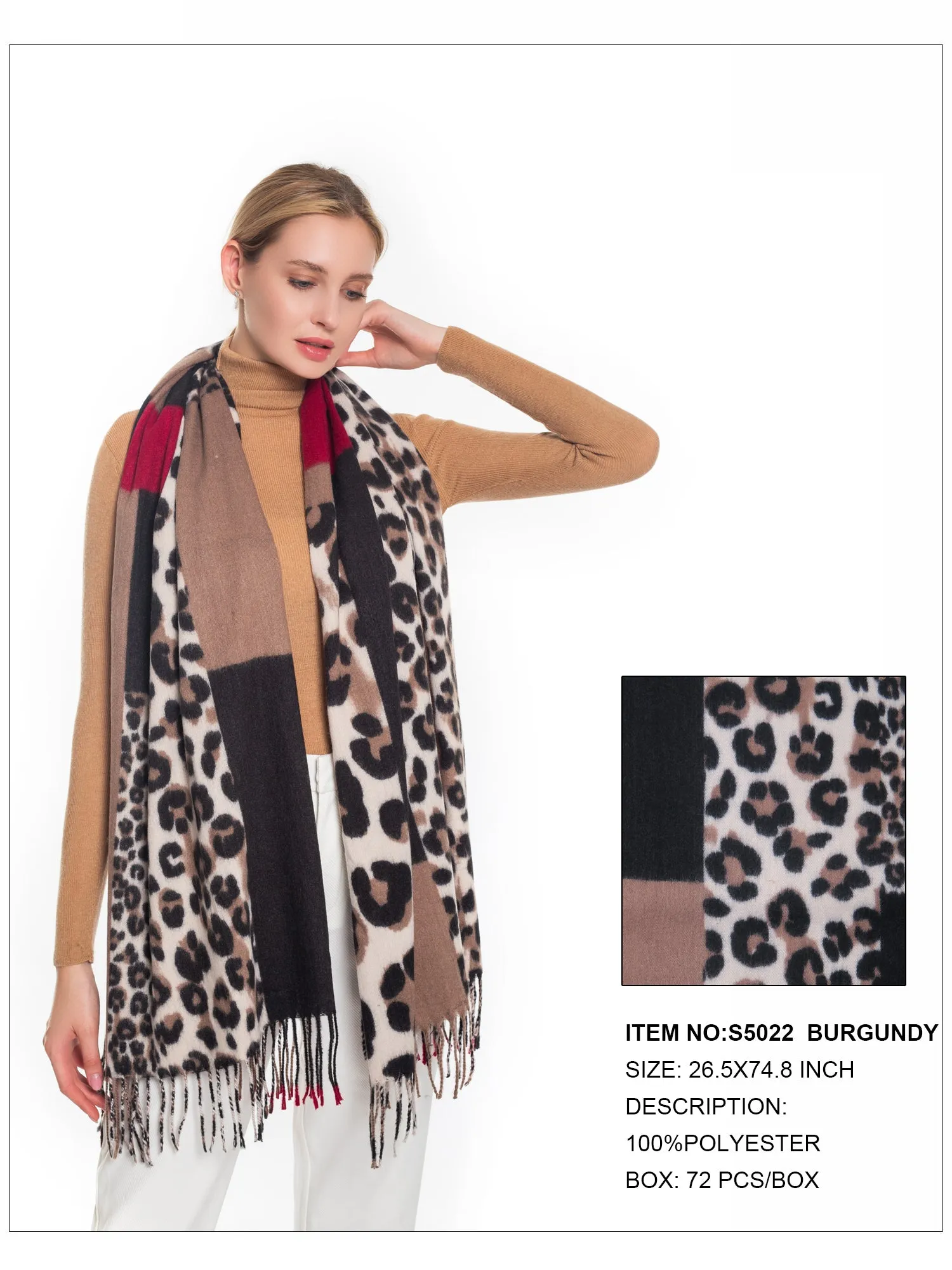 Leopard & Plaid Print Fringe Trim Scarf-Burgundy