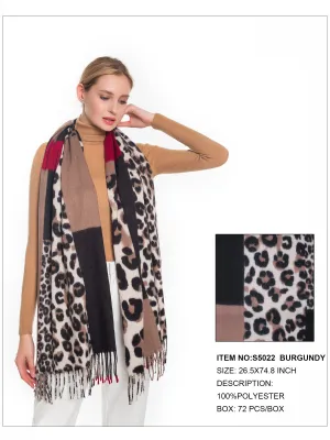 Leopard & Plaid Print Fringe Trim Scarf-Burgundy