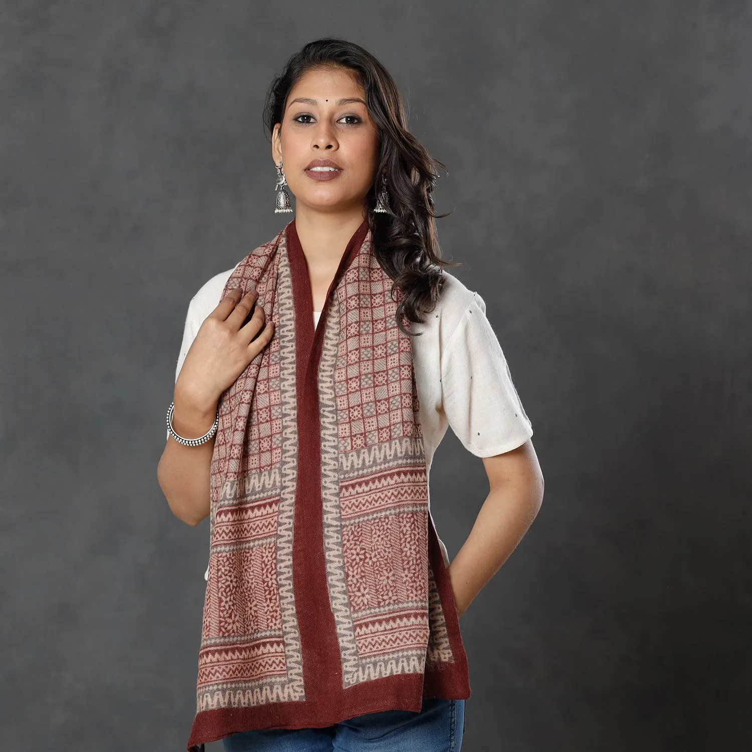 Maroon - Bagh Block Printed Natural Dyed Woolen Muffler (61 in)