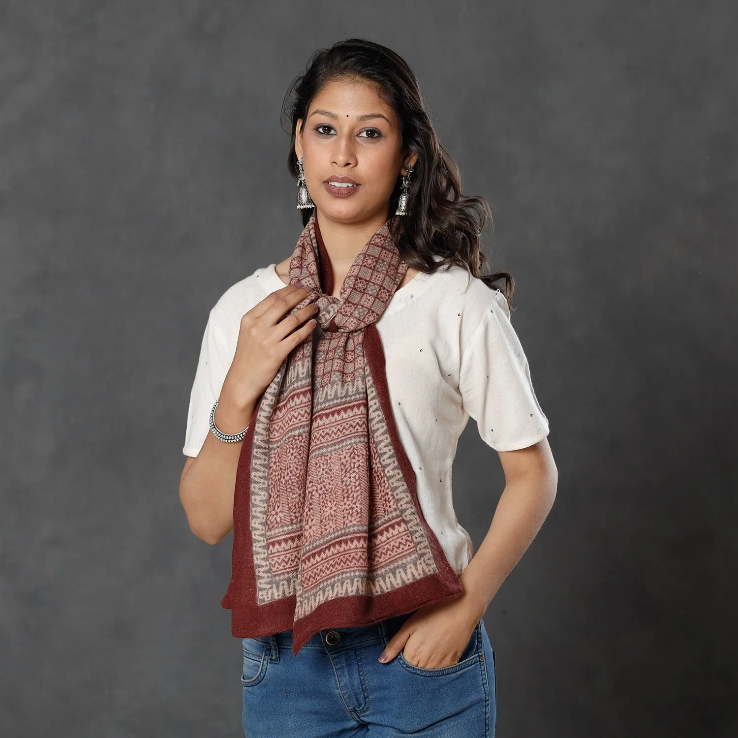 Maroon - Bagh Block Printed Natural Dyed Woolen Muffler (61 in)