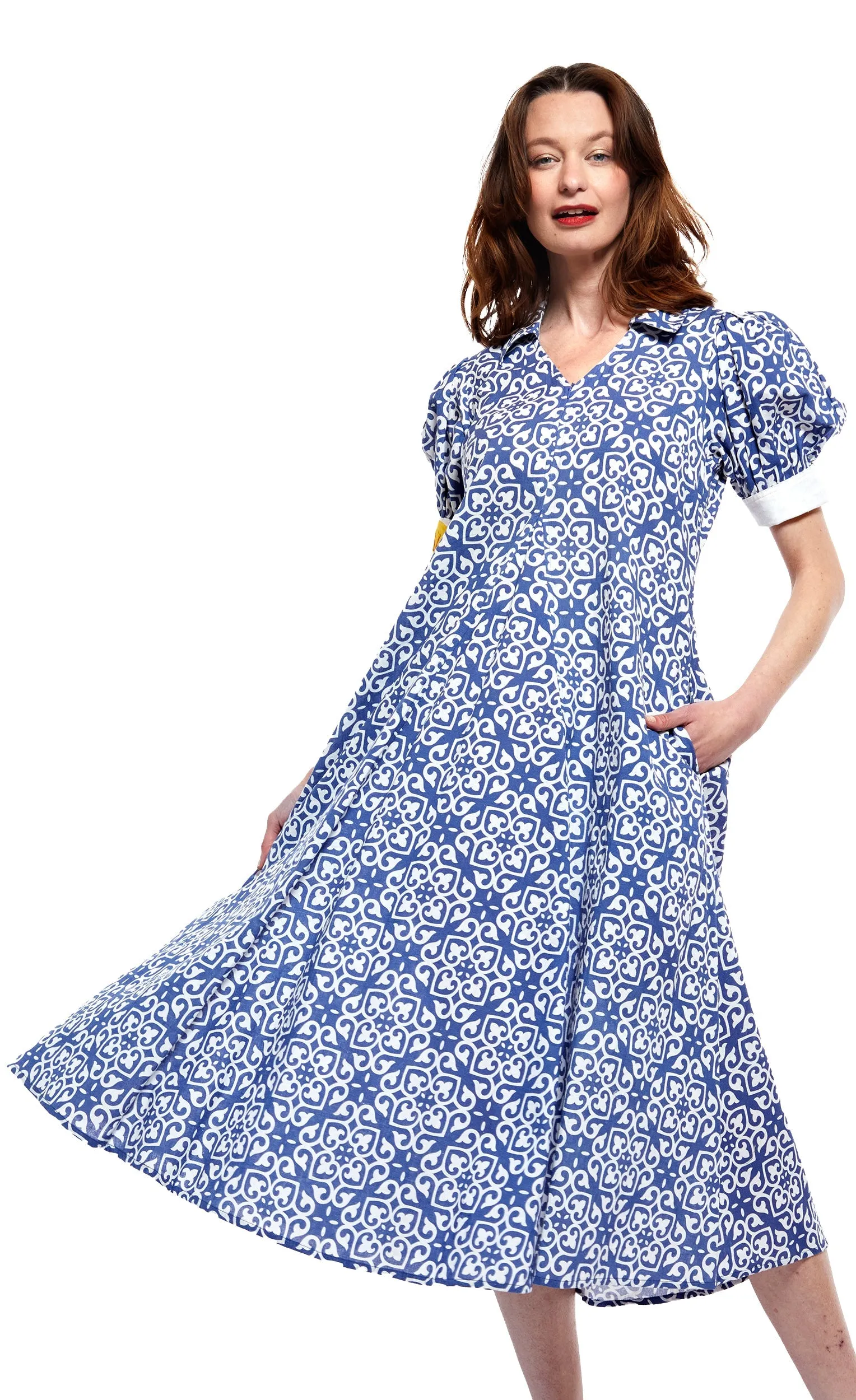 Montauk Dress - Blue With White Geometric Pattern