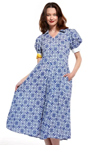 Montauk Dress - Blue With White Geometric Pattern