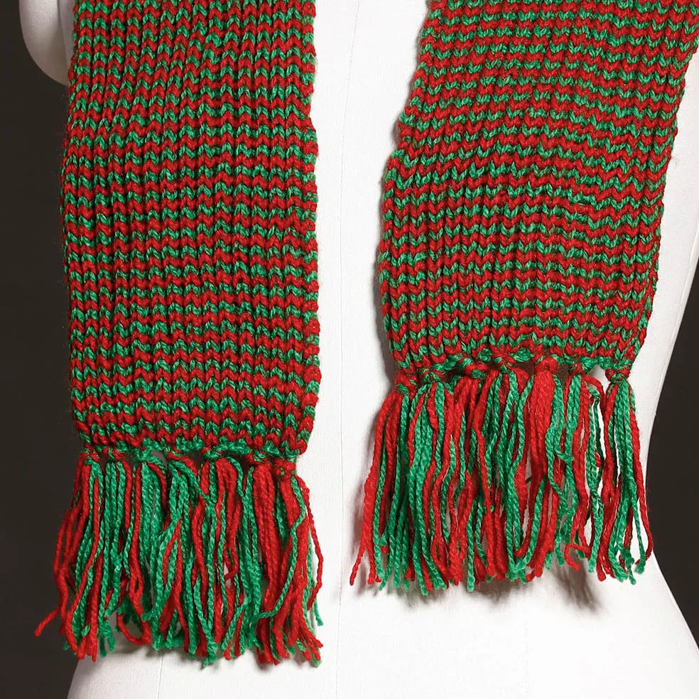 Multicolor - Red & Green - Kumaun Hand Knitted Woolen Muffler (66 in)