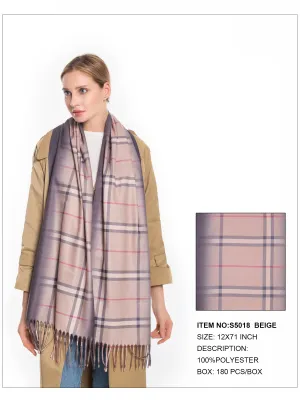 Plaid Print Fringe Trim Scarf-Beige