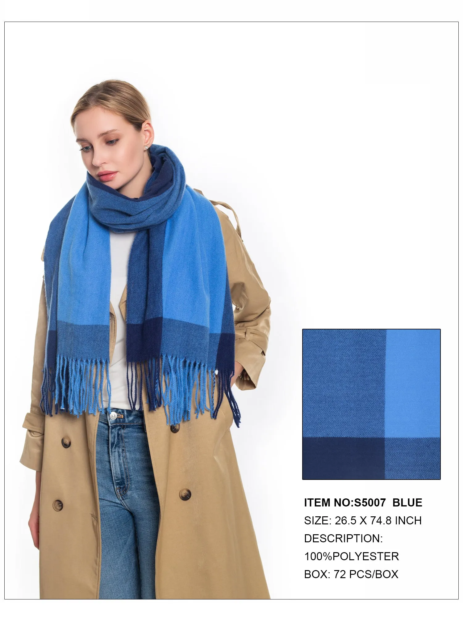 Plaid Print Fringe Trim Scarf-Blue