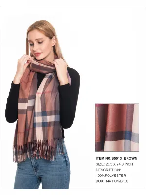 Plaid Print Fringe Trim Scarf-Brown