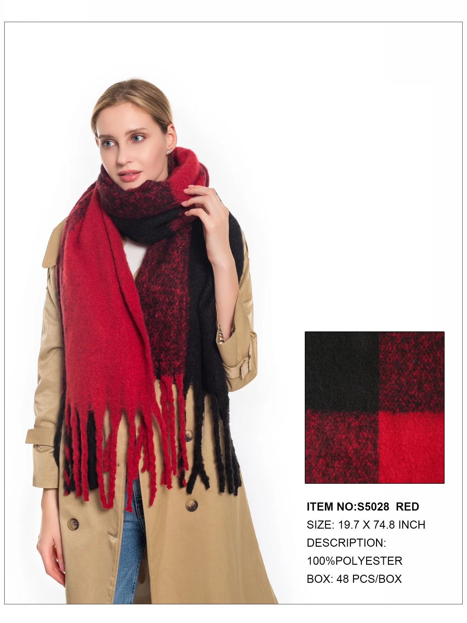 Plaid Print Fringe Trim Scarf-Red