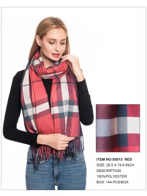 Plaid Print Fringe Trim Scarf-Red